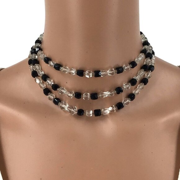 Vintage Triple Strand Necklace Black Clear Beaded Signed JAPAN Hook Closure Adju - Picture 1 of 2